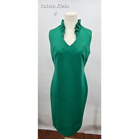 Calvin Klein Modern Green Ruffled V Neck Scuba Sheath Dress - Picture 1 of 5